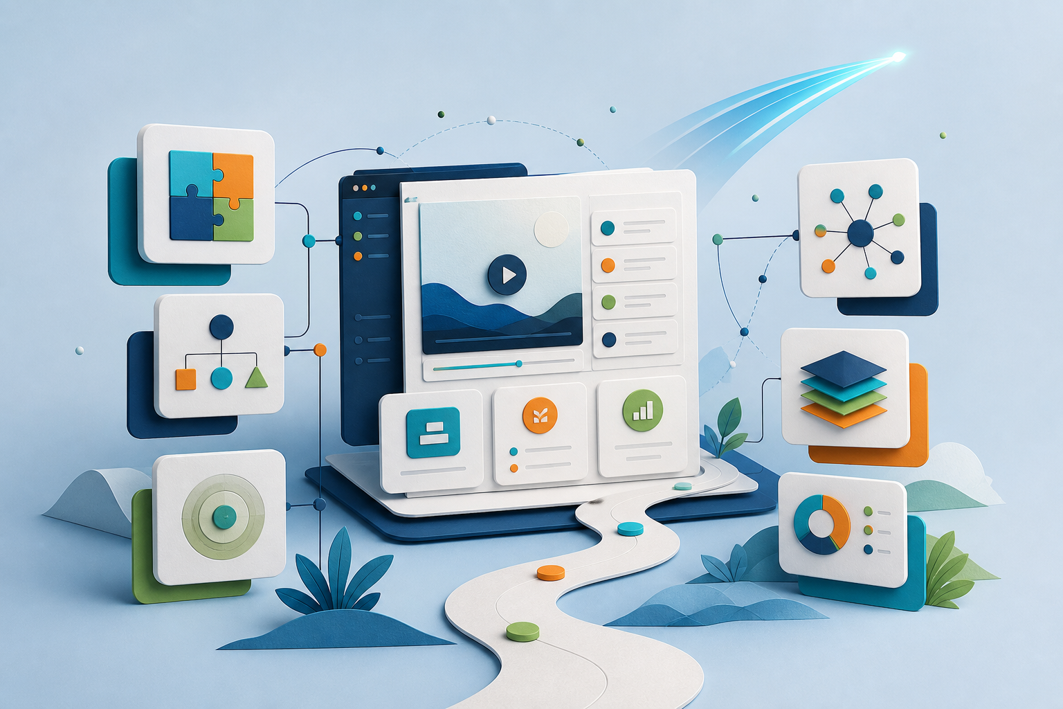 Connected learning ecosystem illustrating e-learning, instructional design, analytics, and learning pathways