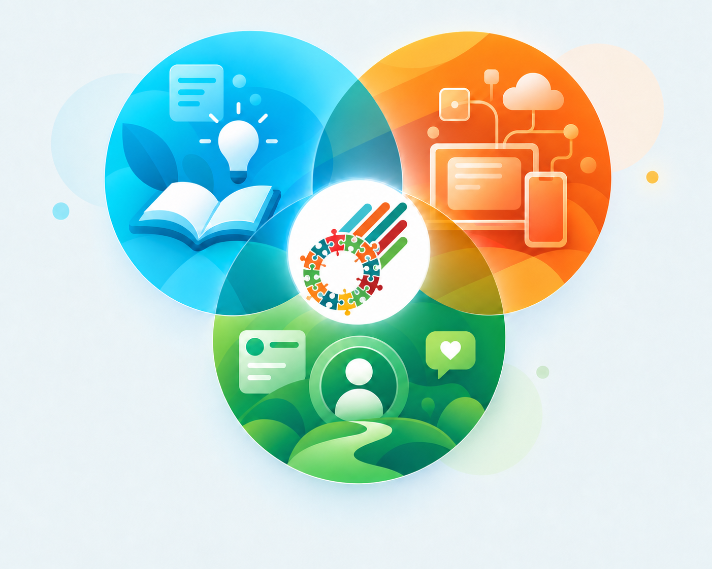 Learning design, technology, and user experience illustrated as three overlapping circles around the Learning Comet puzzle mark on a white center